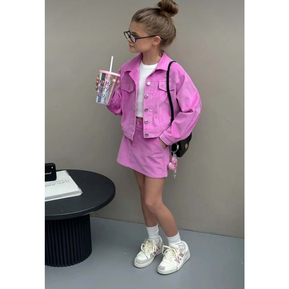 Pembe Renk Fitilli Kadife Ceket Etek Alt Üst Takım - PEMBE - 2-3 YAŞ - ST00326-PEMBE-2-3 YAŞ