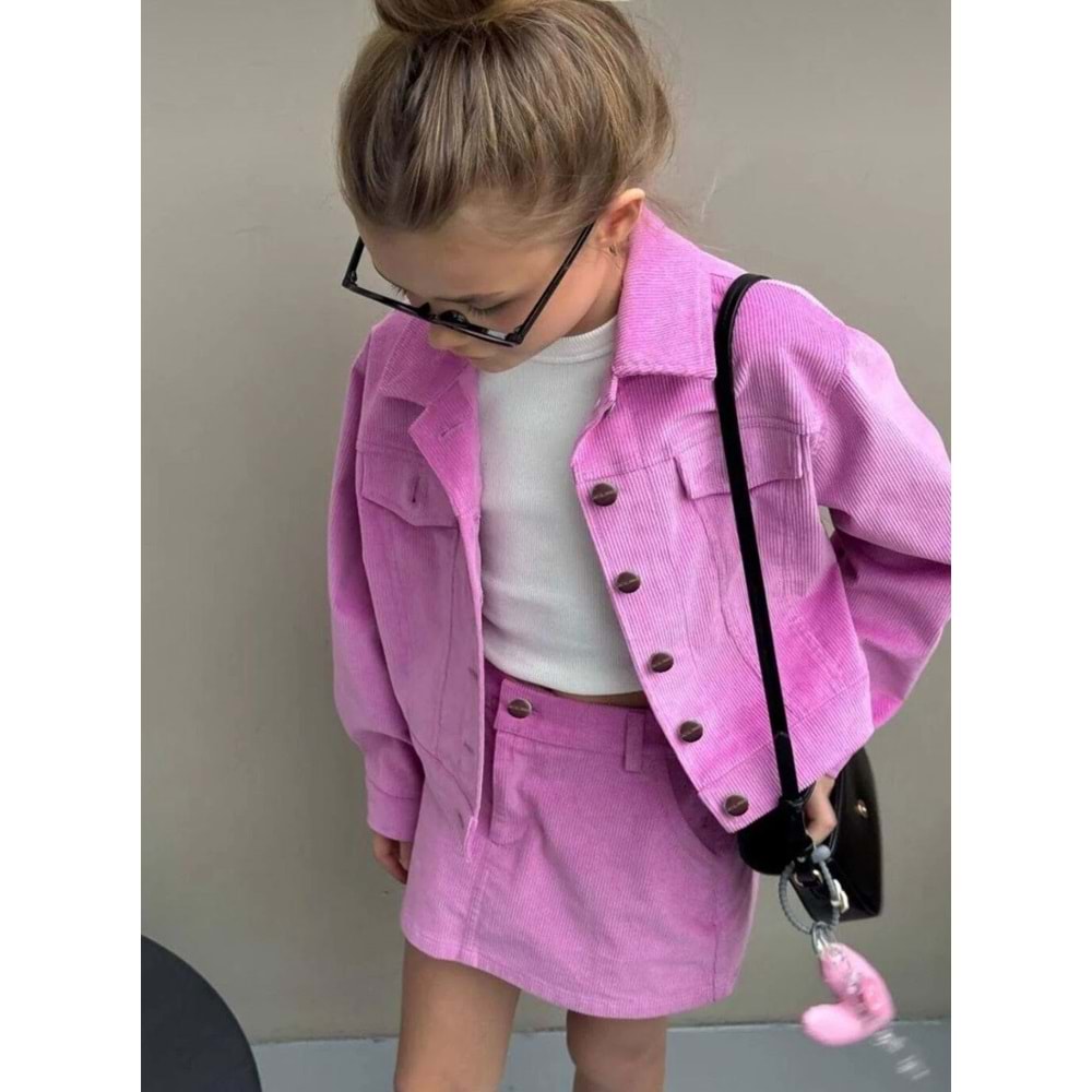Pembe Renk Fitilli Kadife Ceket Etek Alt Üst Takım