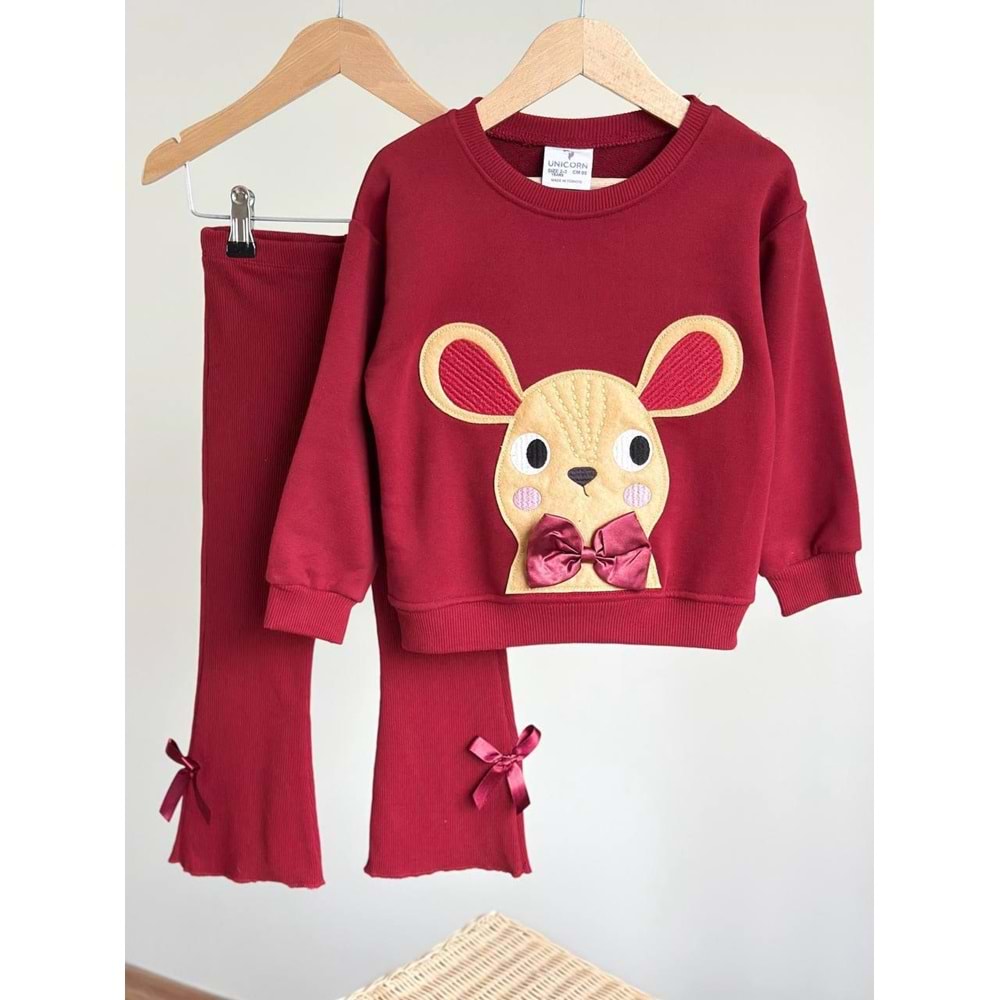 Bordo Renk Sevimli Papyon Kurdela Detaylı 3d Baskılı Takım - BORDO - 7-8 YAŞ - ST00343-BORDO-7-8 YAŞ