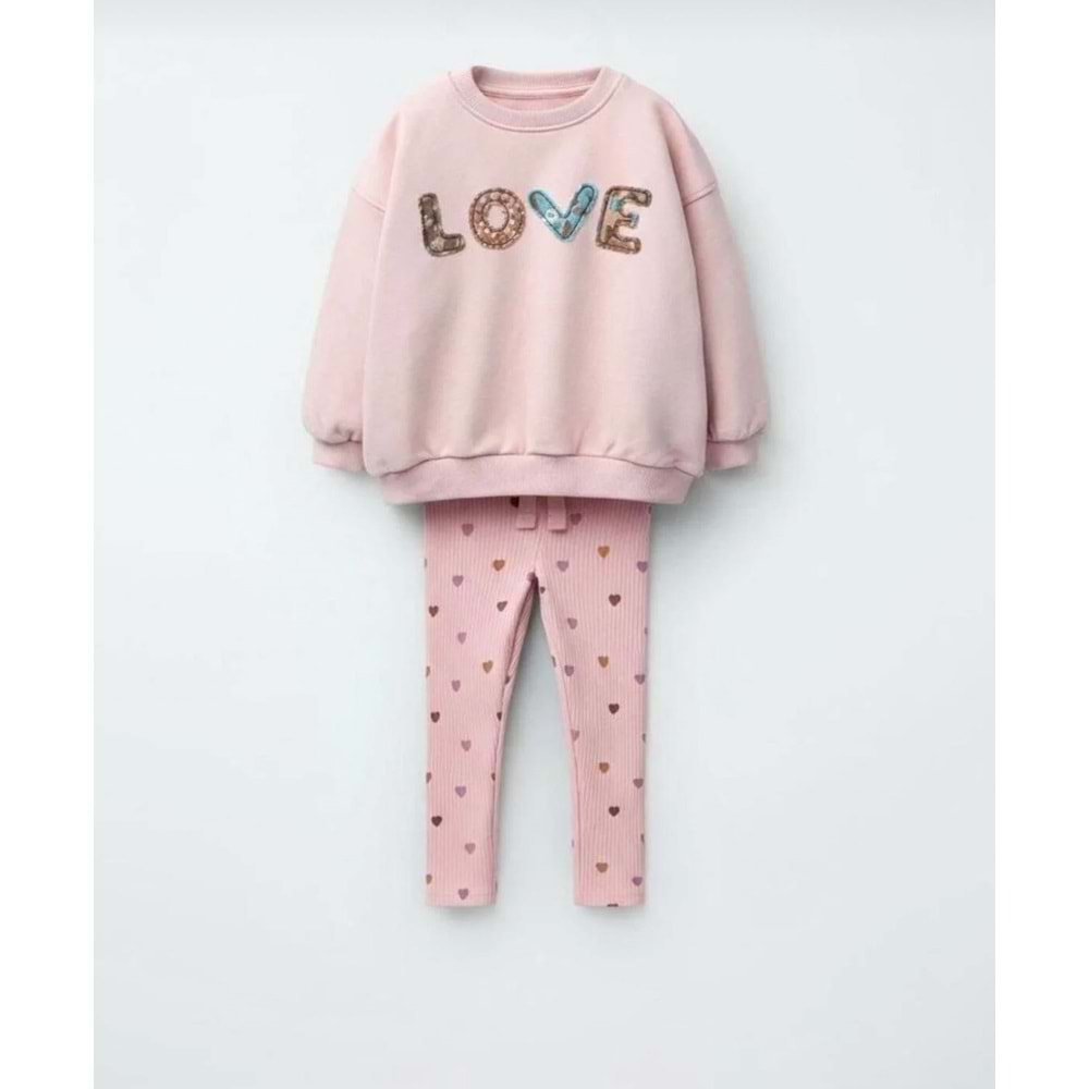 Taş Renk LOVE Baskılı SweatShirt Kaşkorse Tayt Alt Üst Takım