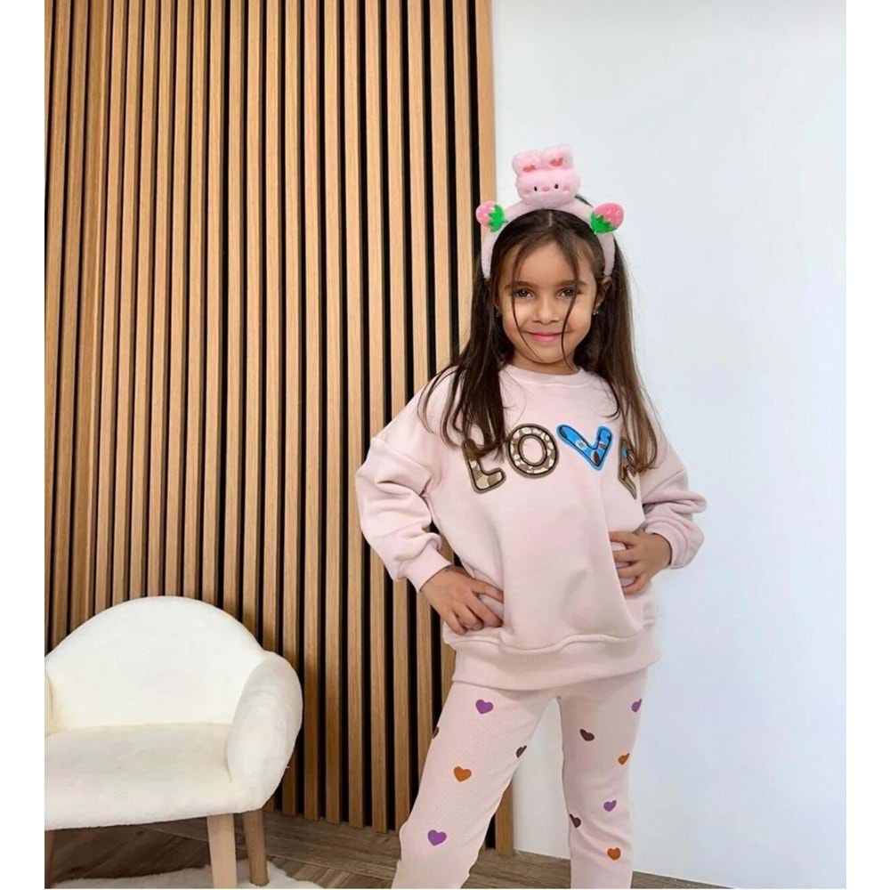 Taş Renk LOVE Baskılı SweatShirt Kaşkorse Tayt Alt Üst Takım