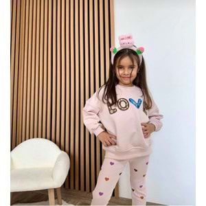 Taş Renk LOVE Baskılı SweatShirt Kaşkorse Tayt Alt Üst Takım