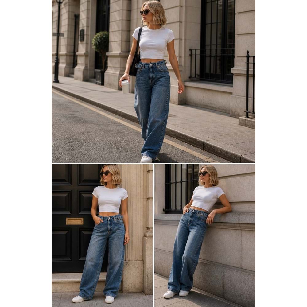 Bel Detaylı Wide Leg Yıkamalı Lacivert Renk Kot Pantolon - LACİVERT - 40 - ST00370-LACİVERT-40