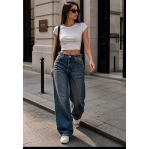 Bel Detaylı Wide Leg Yıkamalı Lacivert Renk Kot Pantolon - LACİVERT - 40 - ST00370-LACİVERT-40
