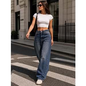 Bel Detaylı Wide Leg Yıkamalı Lacivert Renk Kot Pantolon - LACİVERT - 40 - ST00370-LACİVERT-40
