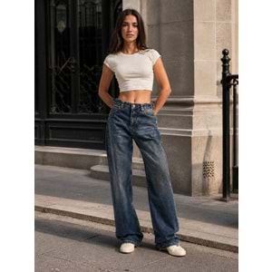 Bel Detaylı Wide Leg Yıkamalı Lacivert Renk Kot Pantolon - LACİVERT - 40 - ST00370-LACİVERT-40