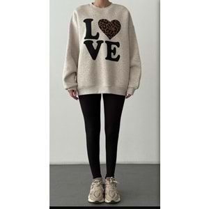 Bej Renk Love / Leopar Baskılı Sweatshirt - BEJ - M - ST00388-BEJ-M