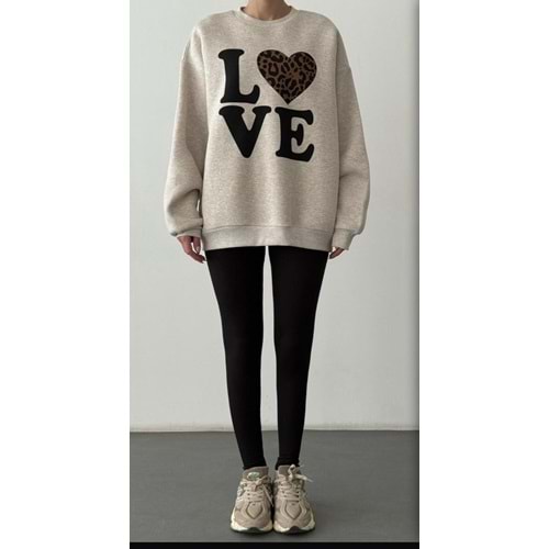 Bej Renk Love / Leopar Baskılı Sweatshirt - BEJ - M - ST00388-BEJ-M