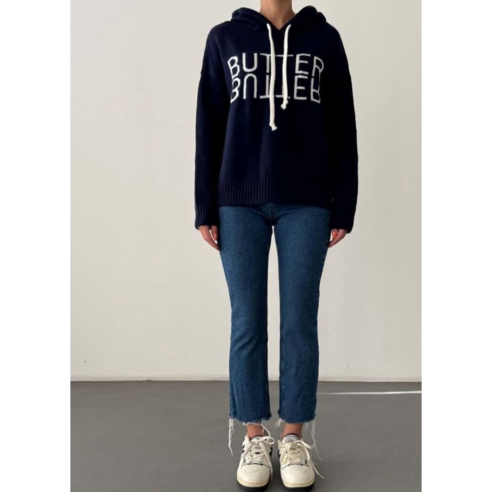 Lacivert Renk Kapüşonlu Butter Triko Kazak - LACİVERT - STANDART - ST00399-LACİVERT-STANDART