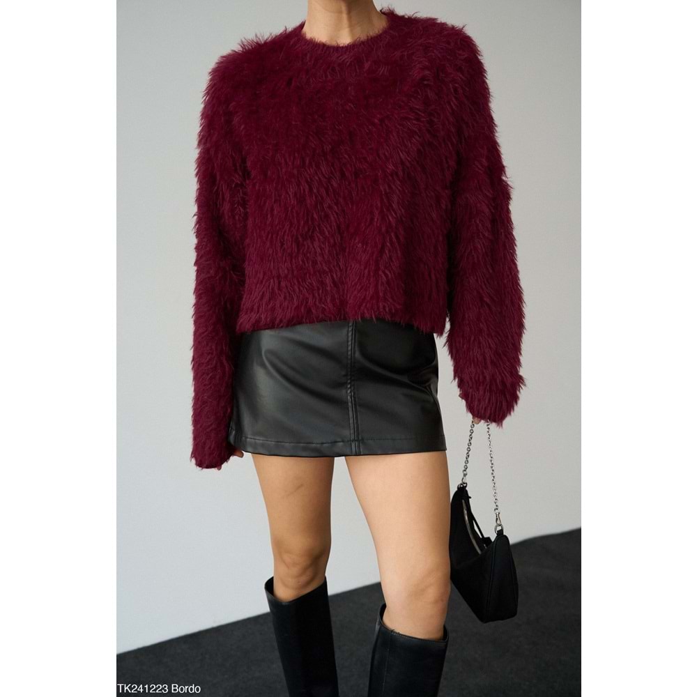 Tüylü Yumuşak Tuşe Hafif Crop Kazak - BORDO - STANDART - ST00436-BORDO-STANDART