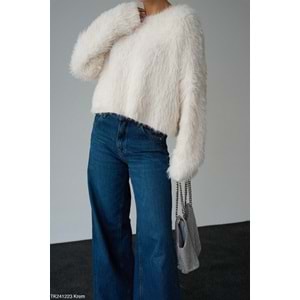 Tüylü Yumuşak Tuşe Hafif Crop Kazak - EKRU - STANDART - ST00436-EKRU-STANDART