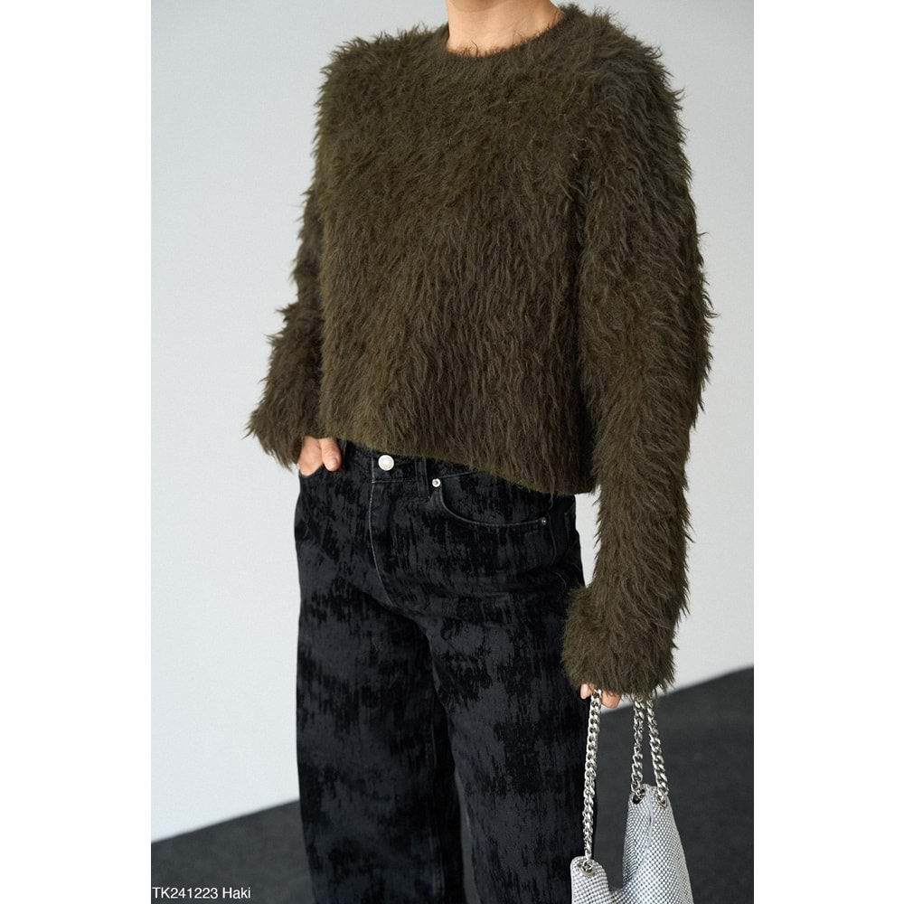 Tüylü Yumuşak Tuşe Hafif Crop Kazak - HAKİ - STANDART - ST00436-HAKİ-STANDART