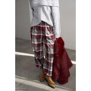 Ekoseli Pamuk - Viskon Salaş Pantolon - BORDO - M - ST00455-BORDO-M