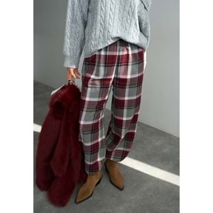 Ekoseli Pamuk - Viskon Salaş Pantolon - BORDO - M - ST00455-BORDO-M