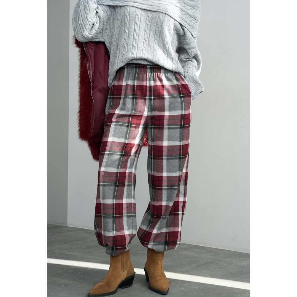 Ekoseli Pamuk - Viskon Salaş Pantolon - BORDO - M - ST00455-BORDO-M