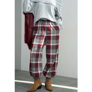 Ekoseli Pamuk - Viskon Salaş Pantolon - BORDO - M - ST00455-BORDO-M
