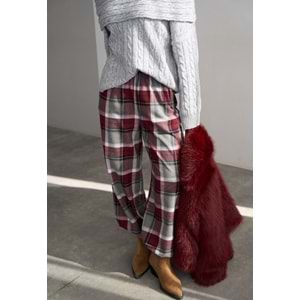 Ekoseli Pamuk - Viskon Salaş Pantolon - BORDO - M - ST00455-BORDO-M