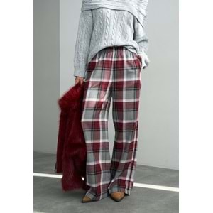 Ekoseli Pamuk - Viskon Salaş Pantolon - BORDO - M - ST00455-BORDO-M