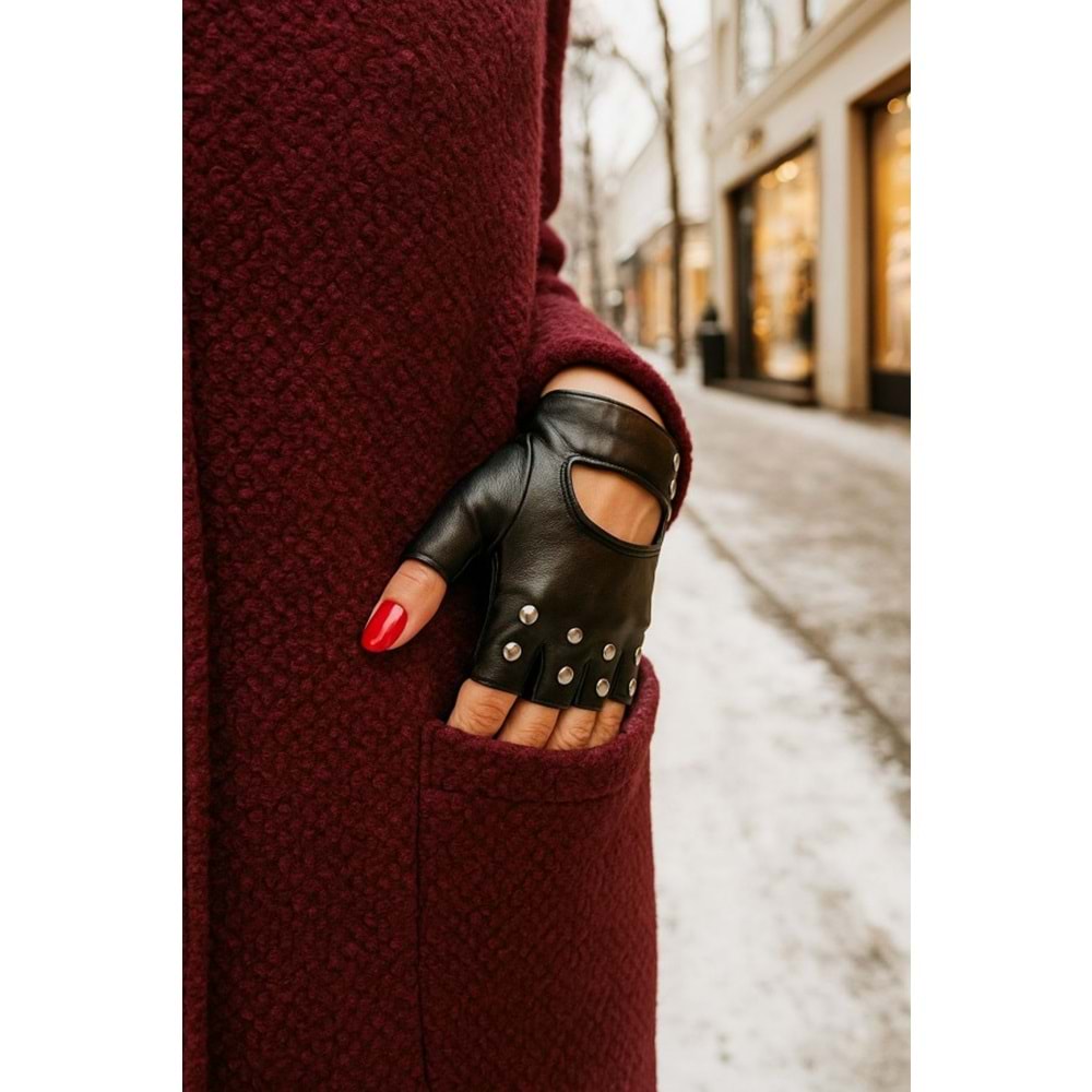 Kesik Troklu Deri Siyah Eldiven