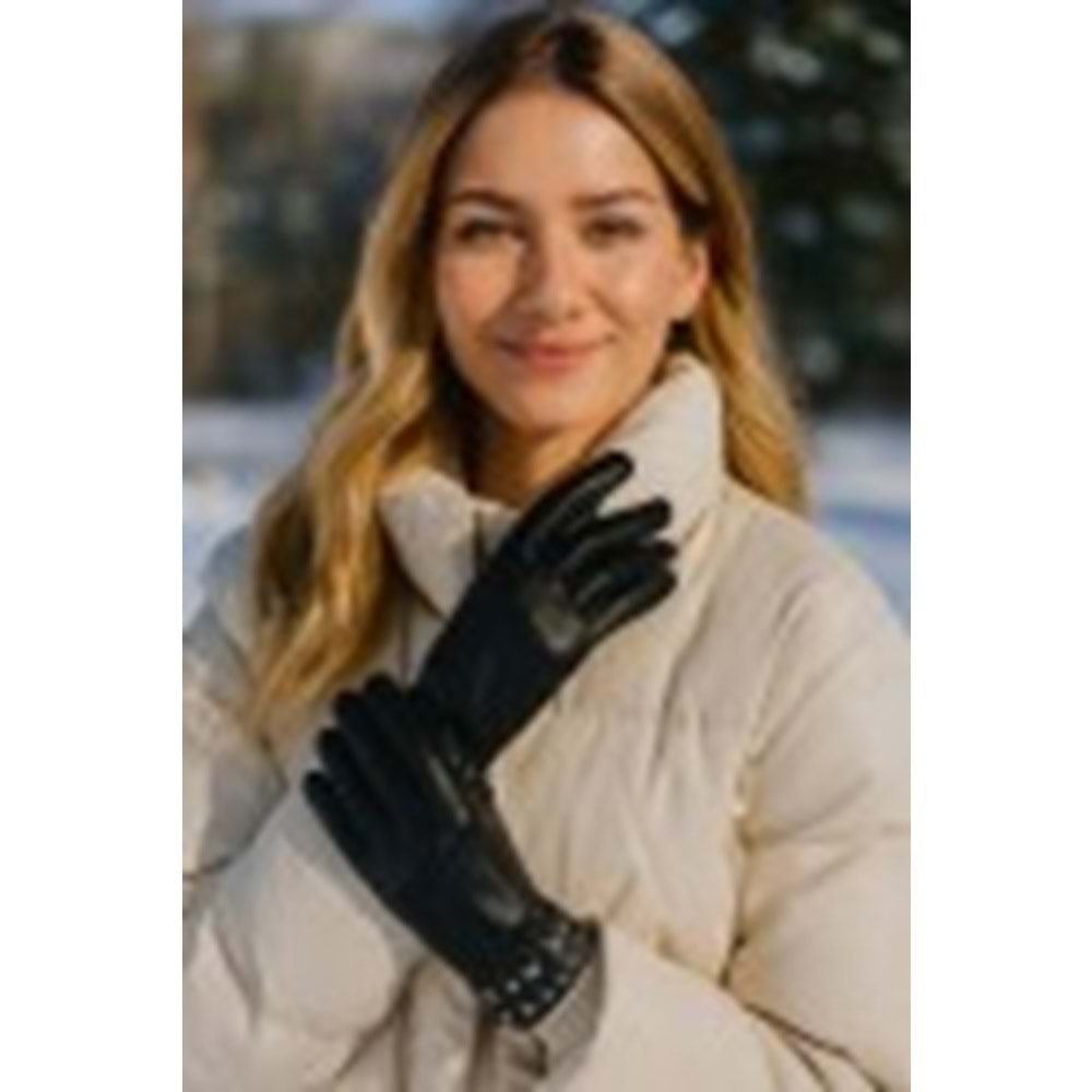 Bileği Taşlı Siyah PU Deri Eldiven