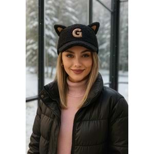 Tavşan Kulaklıklı Tedy Kıvırcık Kürklü Peluş Siyah Kep