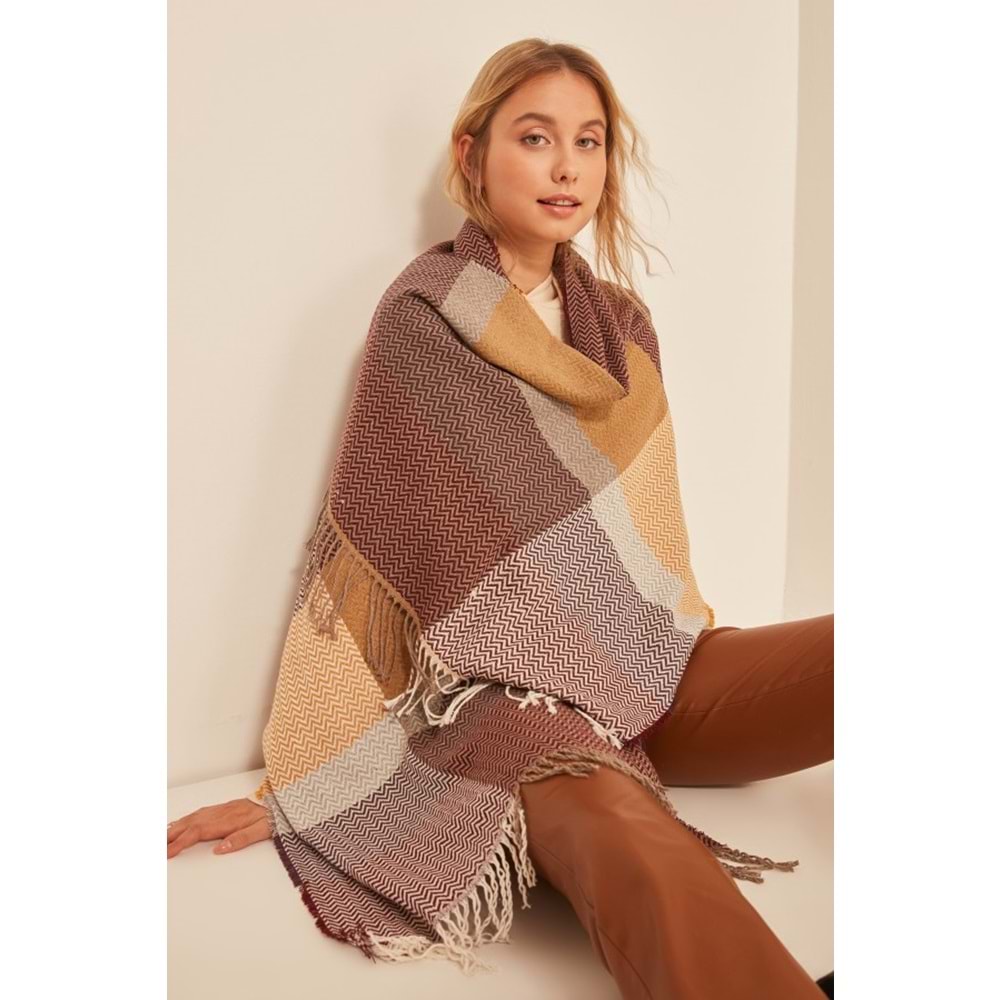 Yumuşak Dokulu Balık Sırtı Desenli Bordo Kalın Omuz Şal Atkı