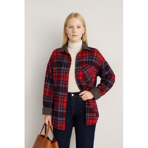 Ekose Kırmızı Renk Yaka Detay Bronz Düğmeli Oduncu Gömlek