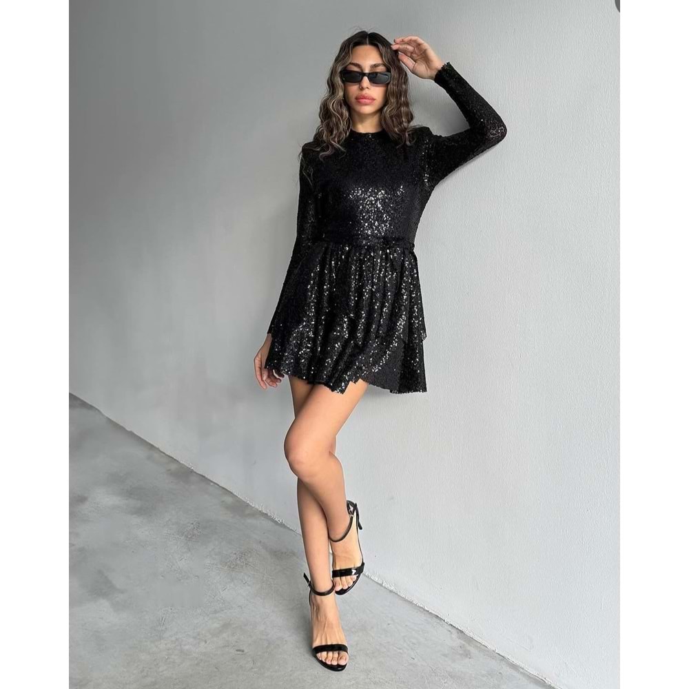 Payetli Siyah Katlı Uzun Kol Mini Elbise !