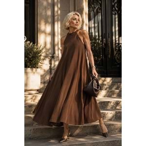 Camel Renk Süet Tasarım Geniş Kesim Maxi Boy Elbise - CAMEL - L - ST00525-CAMEL-L