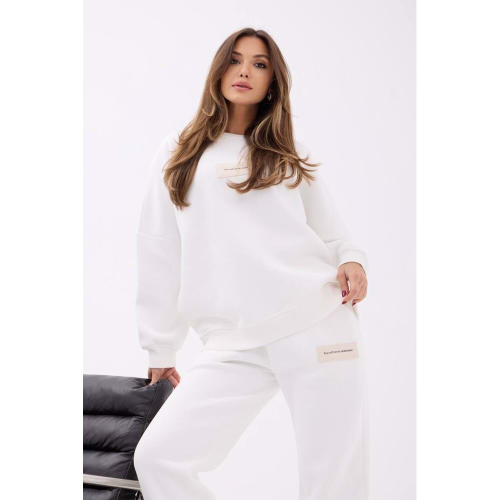 Ekru Renk Slogan Yazı 3 iplik Şardonlu Alt Üst Takım