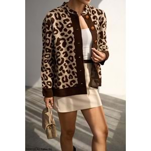 Dama / Leopar Desen Düğme Detay Hırka Acı Kahve - Bej - KAHVERENGİ - STANDART - ST00531-KAHVERENGİ-STANDART