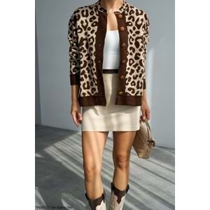 Leopar Dama Desen Düğme Detay Triko Hırka