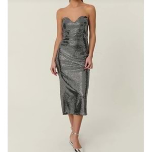 Disco Gümüş Straplez Midi Boy Elbise Party! - GÜMÜŞ - S - ST00553-GÜMÜŞ-S