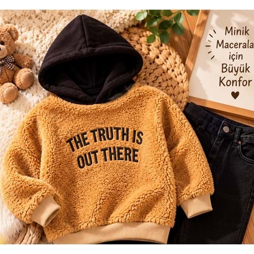 Unisex Kız Erkek Çocuk Peluş Hoodie / Sweatshirt Slogan Yazı İşlemeli Kapüşonlu