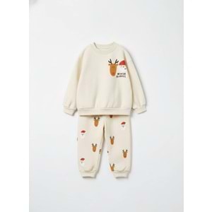 Krem Renk Winter Buddies Baskılı Alt Üst Takım Eşorman - Sweatshirt