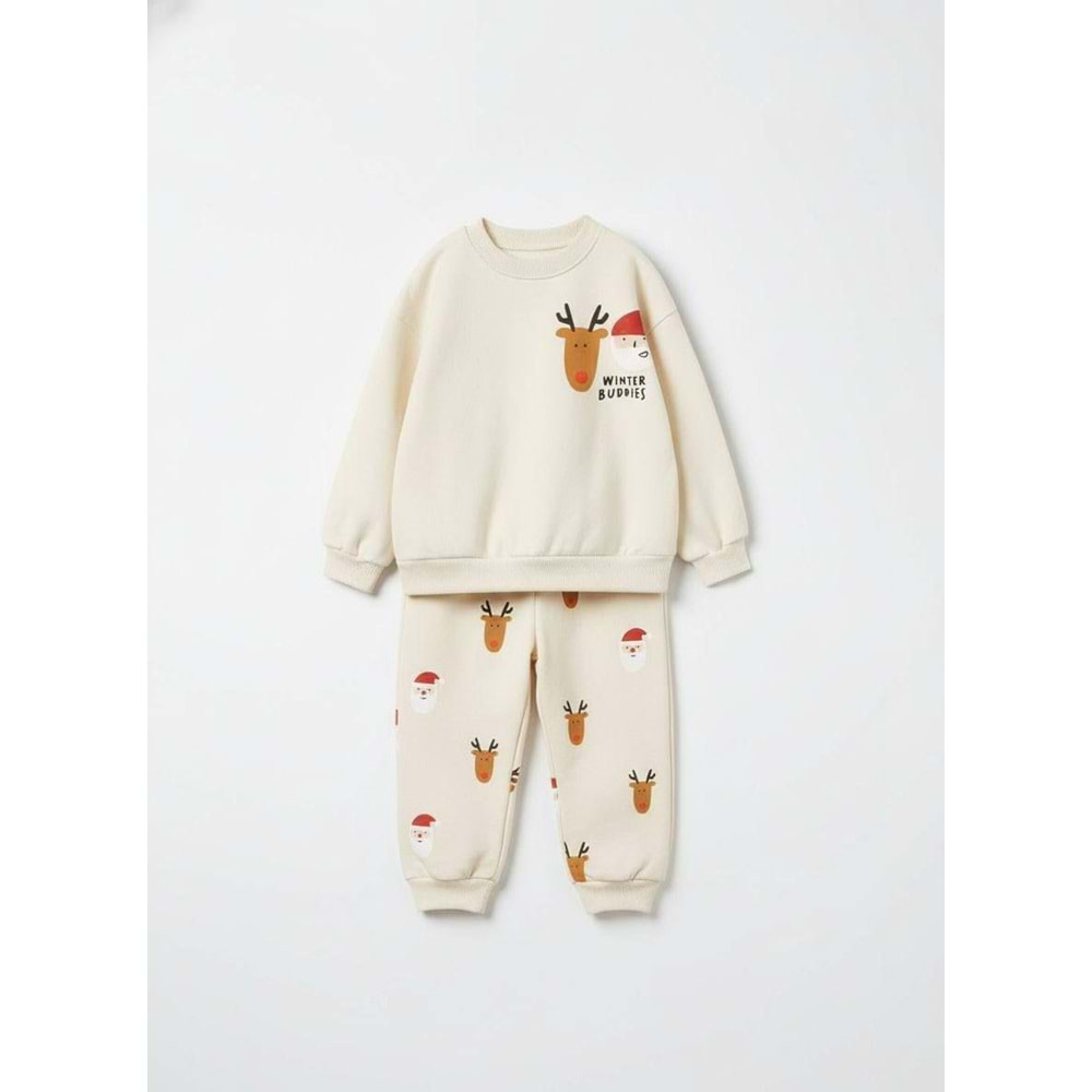 Krem Renk Winter Buddies Baskılı Alt Üst Takım Eşorman - Sweatshirt