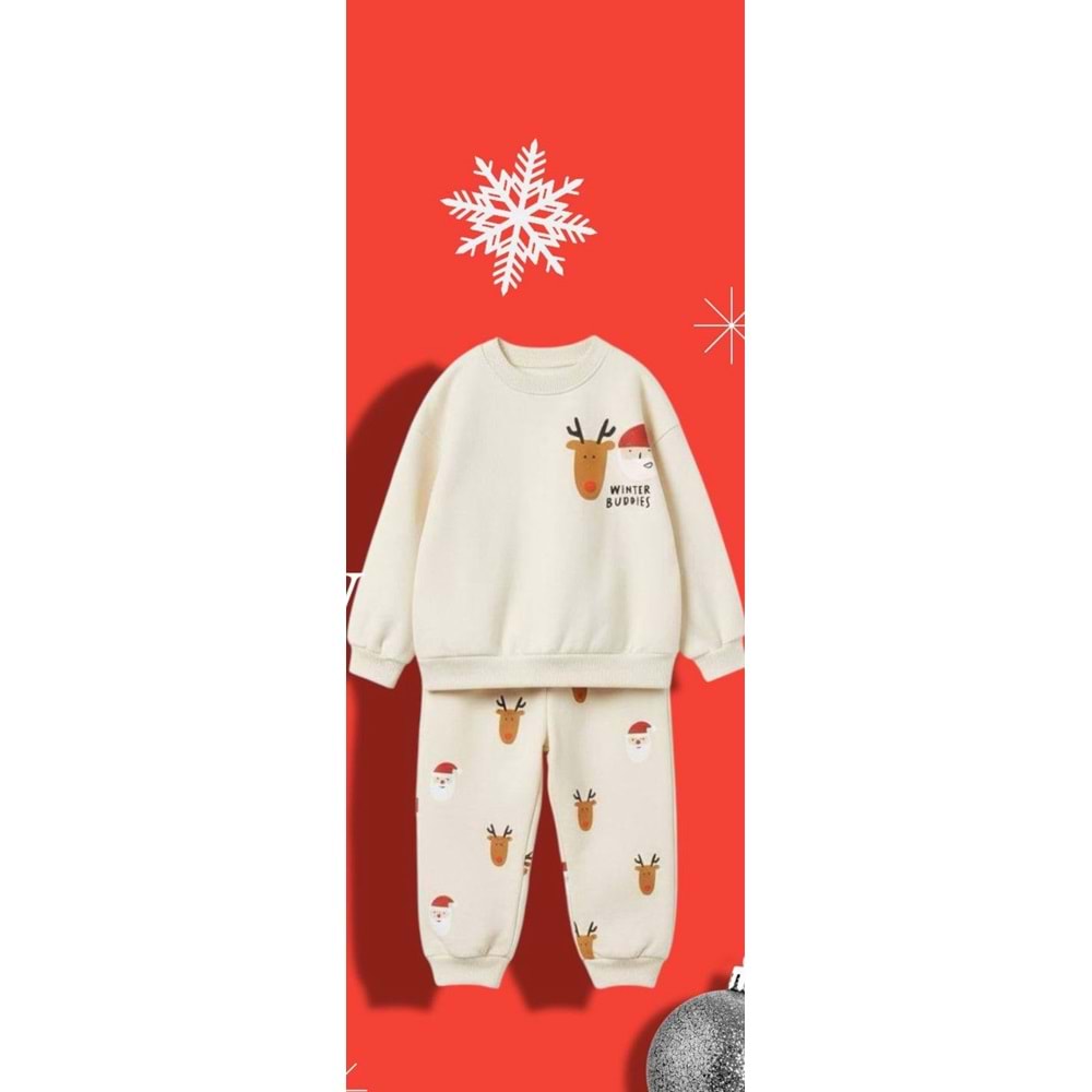 Krem Renk Winter Buddies Baskılı Alt Üst Takım Eşorman - Sweatshirt