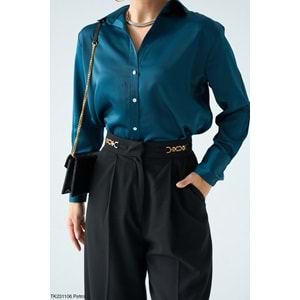 Yeni Sezon Pamuk Saten Gömlek - Petrol Mavi - MAVİ - L