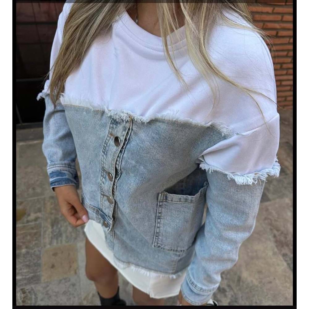 Jean Detay Asimetrik Kesim Düğme Detay Sweat - ÇOK RENKLİ - L - ST00616-ÇOK RENKLİ-L