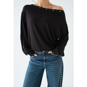 Yaka Kuş Gözü Detaylı ( Zımbalı ) Bluz - SİYAH - L - ST00634-SİYAH-L