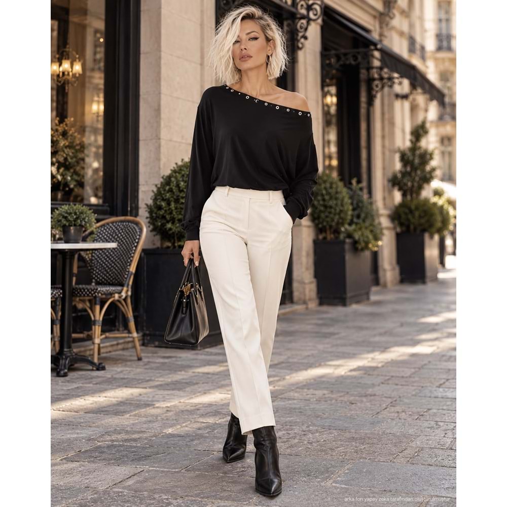 Yaka Kuş Gözü Detaylı ( Zımbalı ) Bluz - SİYAH - M - ST00634-SİYAH-M