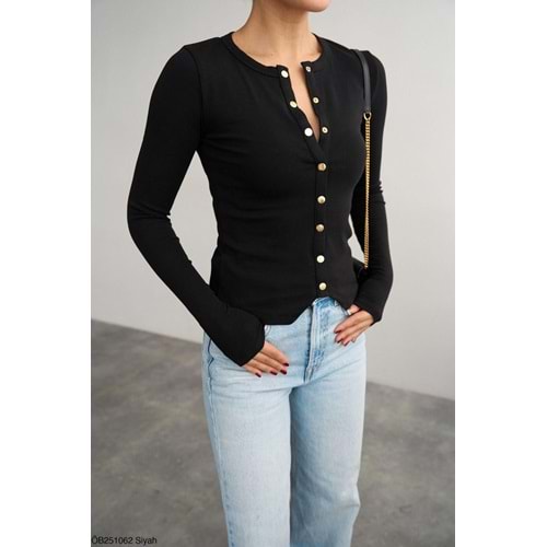 Uzun Kollu Çıtçıt Kapamalı Bluz Gold Detay - SİYAH - M - ST00640-SİYAH-M