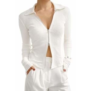 Fermuarlı Polo Yaka Ekru Renk Hırka