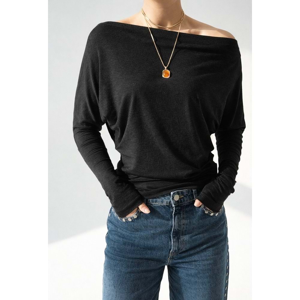 Tek Omuz Düşük Kırçıllı Siyah Bluz - Body - SİYAH - L - ST00646-SİYAH-L
