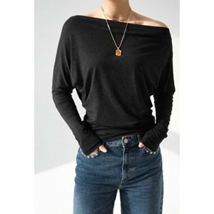 Tek Omuz Düşük Kırçıllı Siyah Bluz - Body - SİYAH - L - ST00646-SİYAH-L