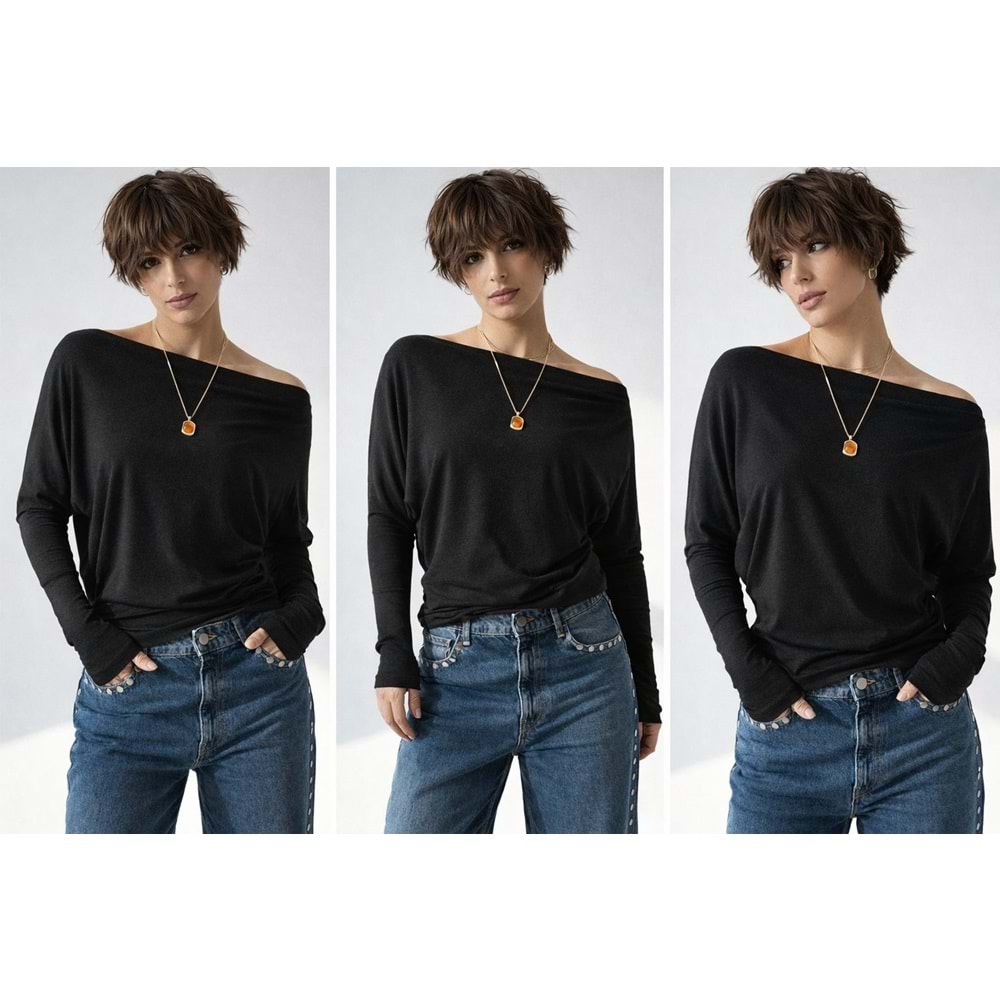 Tek Omuz Düşük Kırçıllı Siyah Bluz - Body