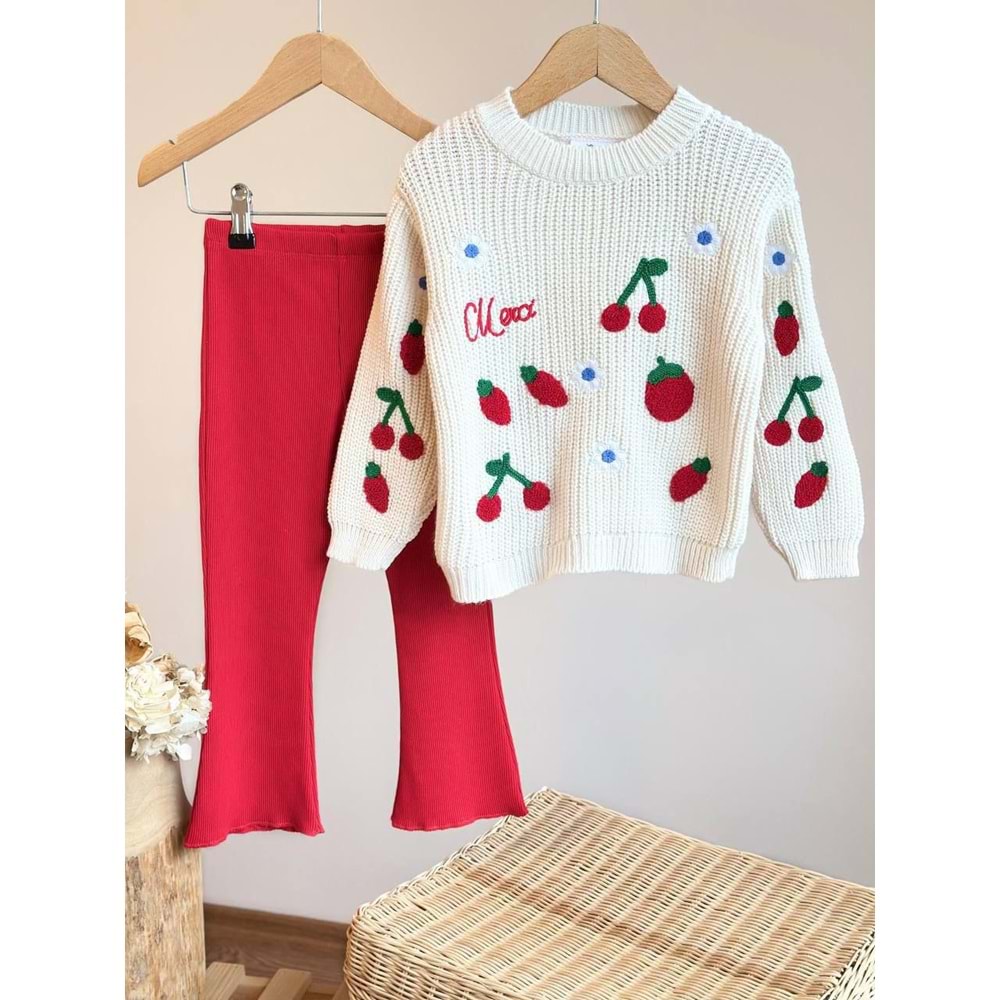 Kız Çocuk Kiraz Nakış Detaylı Alt Üst Takım Set Premium Ürün