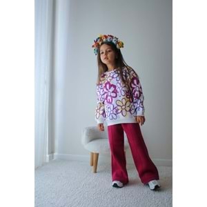 Kız Çocuk Şardonlu Çok Renk Çiçek Desenli Alt Üst Takım