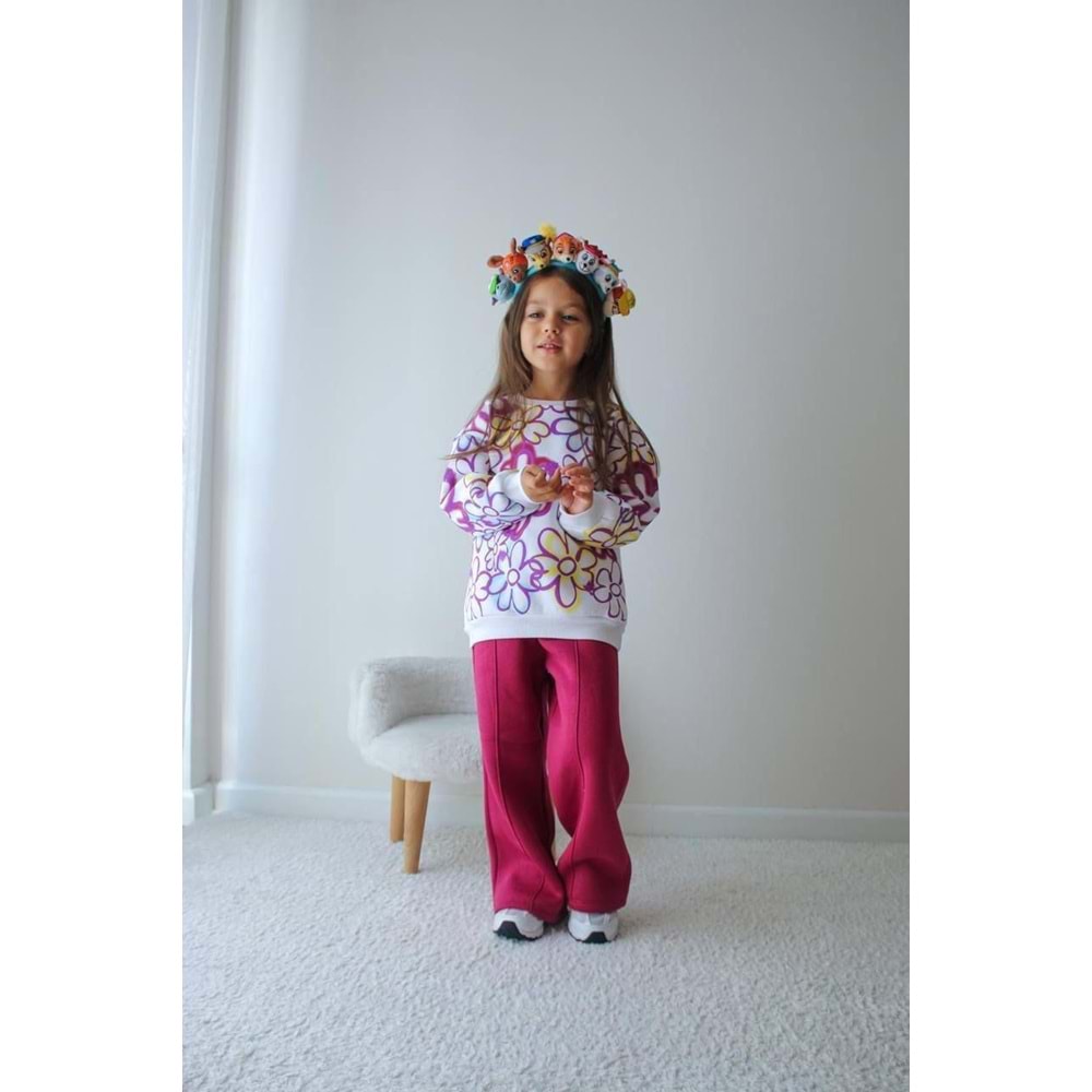 Kız Çocuk Şardonlu Çok Renk Çiçek Desenli Alt Üst Takım