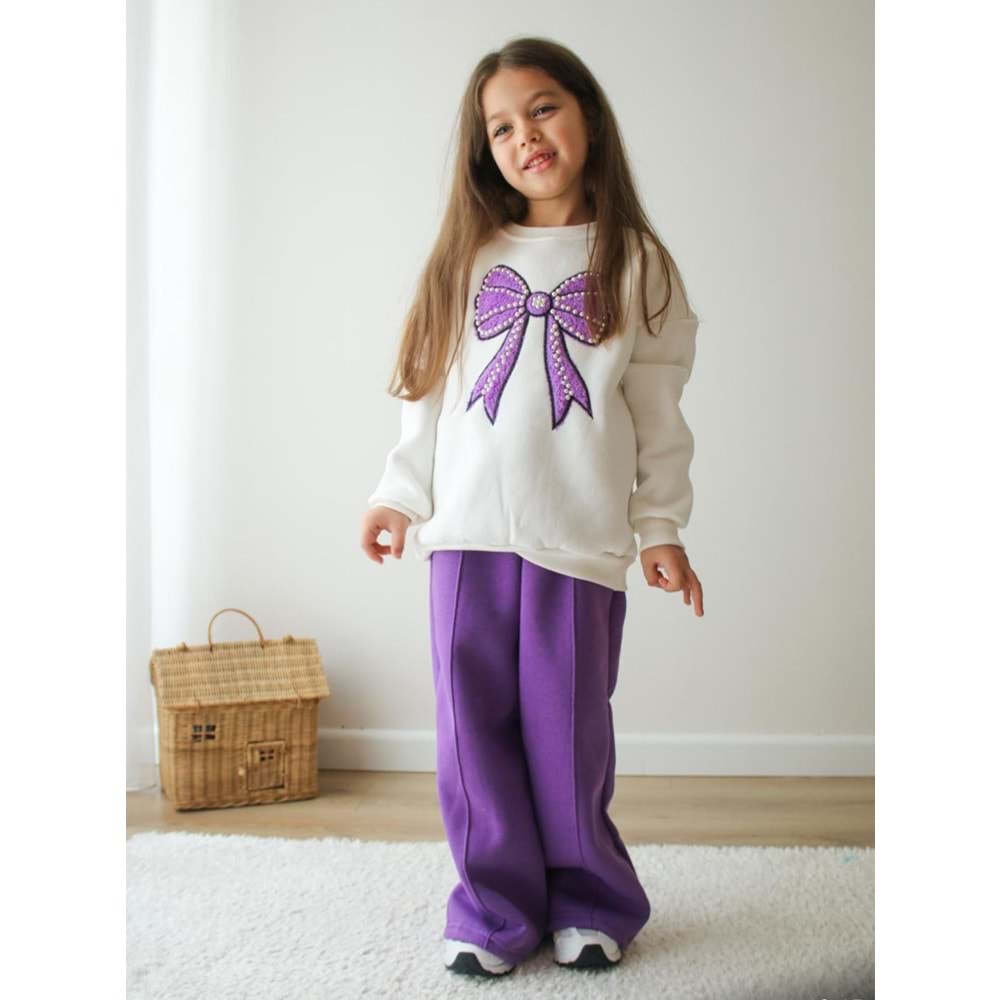 Kız Çocuk Mor Renk Fiyonk İnci Detaylı Sweatshirt Eşofman 2 Parça Takım